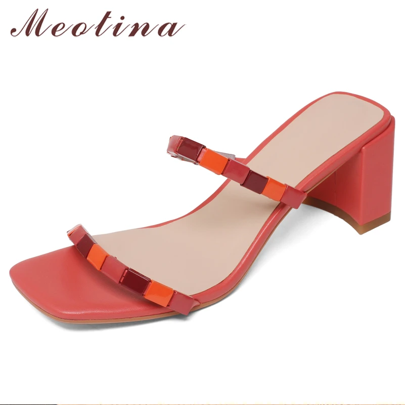 

Meotina Women Slippers Shoes Genuine Leather Sandals Med Heel Slides Square Toe Ladies Footwear Summer Red Yellow 2021 Fashion
