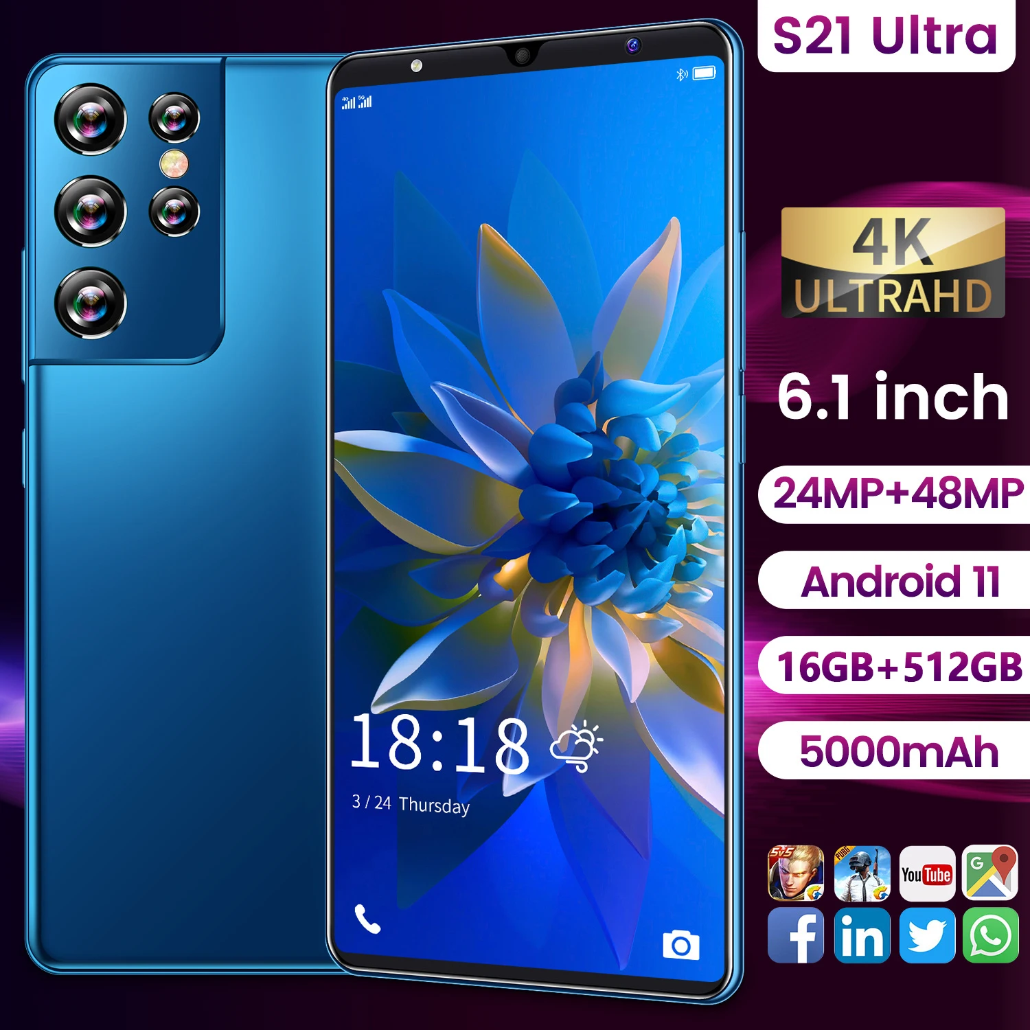 

New S21 Ultra Cell Phone 16GB 512GB Telephone 5000mAh Battery 6.1 inch 4G 5G Global Version Mobile Phones Android11 SmartPhone