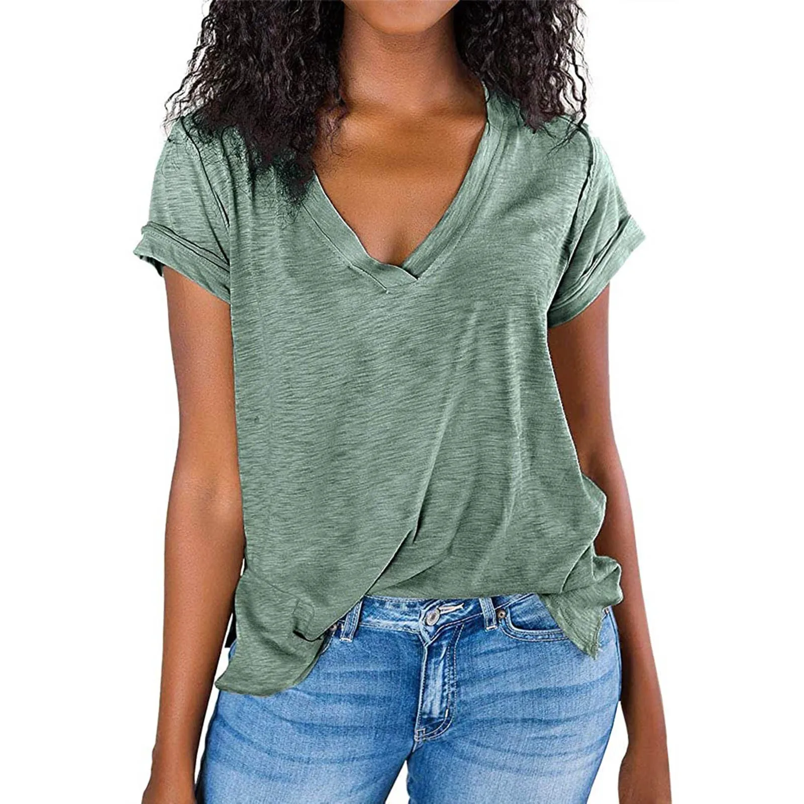 

Summer Women's T Shirt Fashion V-Neck Short Sleeve Solid Color Loose Tops Tshirts Ladeis Casual Side Slit Basic Tees