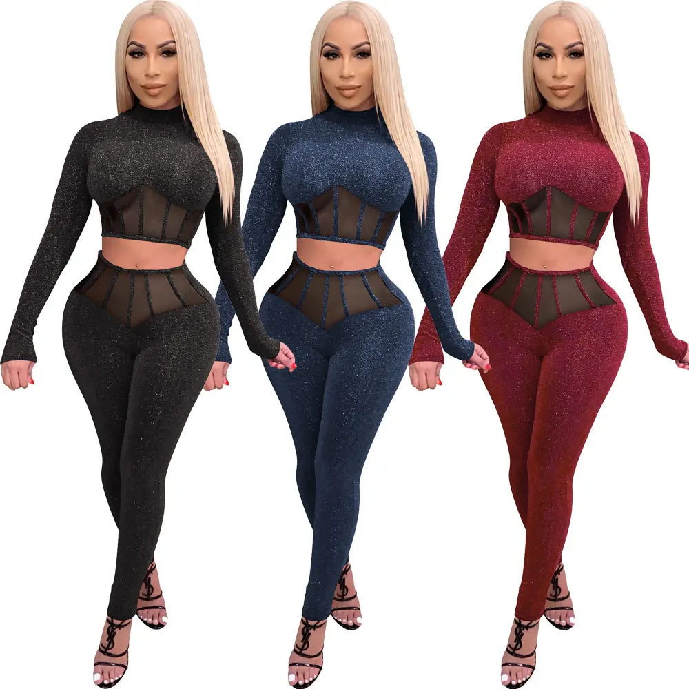 

2021 New European And American Women's Mesh Stitching Hollow Sexy Shiny Fashion Slim Two-Piece Suit