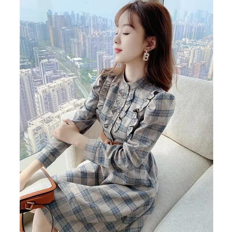 

Lattice retro dress spring and autumn women's 2021 new fashion splicing imperial sister temperament slim A-line skirt