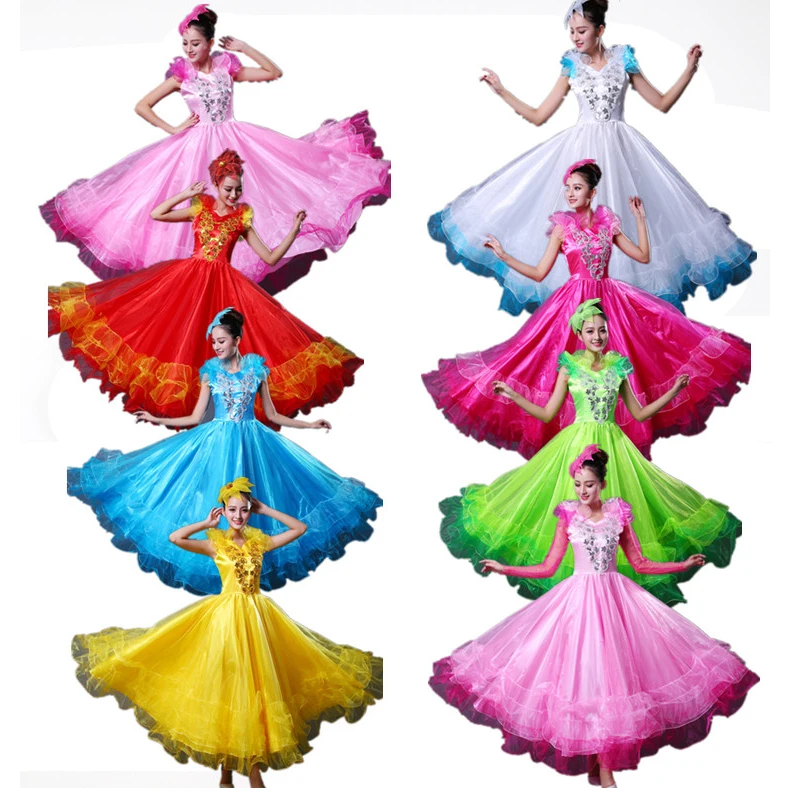 Женская юбка для фламенко атласная с длинным рукавом и цветочным принтом