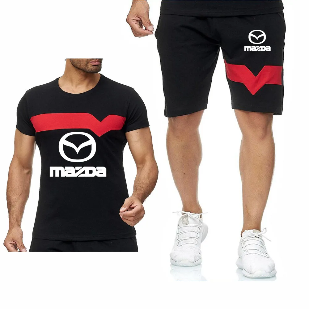 

Summer Men's Suit for Mazda Car Logo casual Comfortable Cotton Mens Short Sleeve O-neck Cotton Mens T-Shirt Pants Suit 2Pcs
