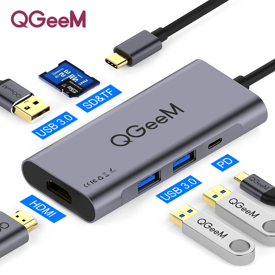 QGeeM USB C концентратор HDMI type-C концентратор к Hdmi USB 3,0 Thunderbolt 3 кард-ридер для Macbook mate20 P30 glaxy S9 S10 USB C концентратор
