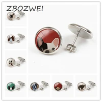 zbozwei colorful dog earrings french bulldog art picture round glass for women men handmade charms mew trendy 2018 jewlery