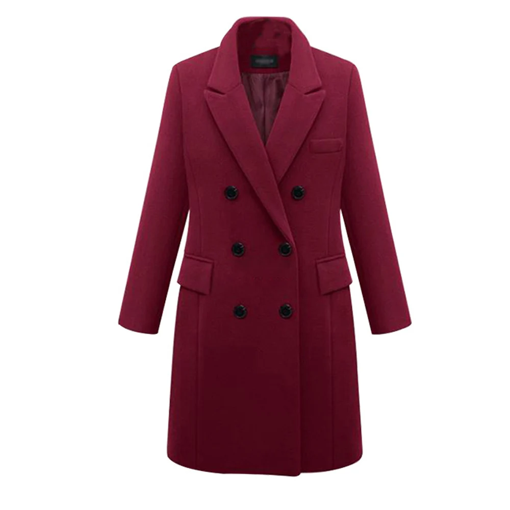 Red Wine Wipalo осень зима размера плюс XL-6XL женское теплое пальто с лацканами двубортное длинное шерстяное Пальто Повседневное однотонное приталенное пальто Новинка - Цвет: Red Wine