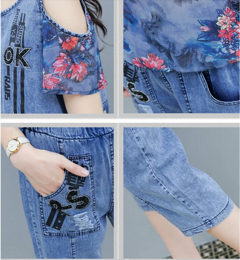 

Two-piece Suit Embroidered Denim Suit 2020 New Summer Fashion Denim Women's Cotton And Linen Printing Denim Short Sleeve Pants