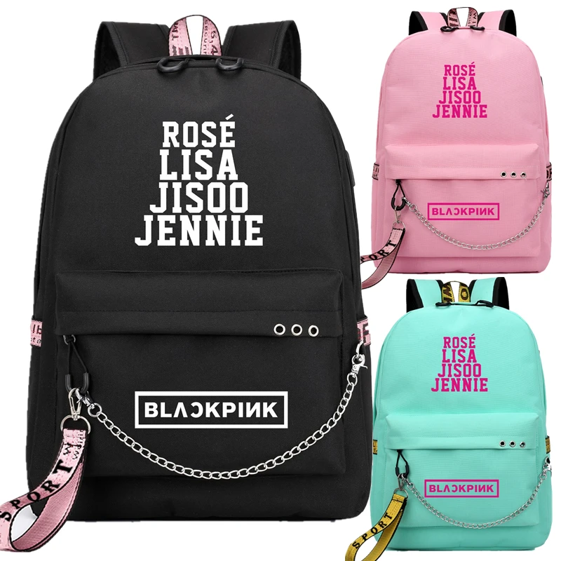 Kopo BlackPink Rose Lisa JENNIE USB Рюкзак Школьные сумки черный розовый Mochila дорожные сумки рюкзак на цепочке для ноутбука USB порт для наушников