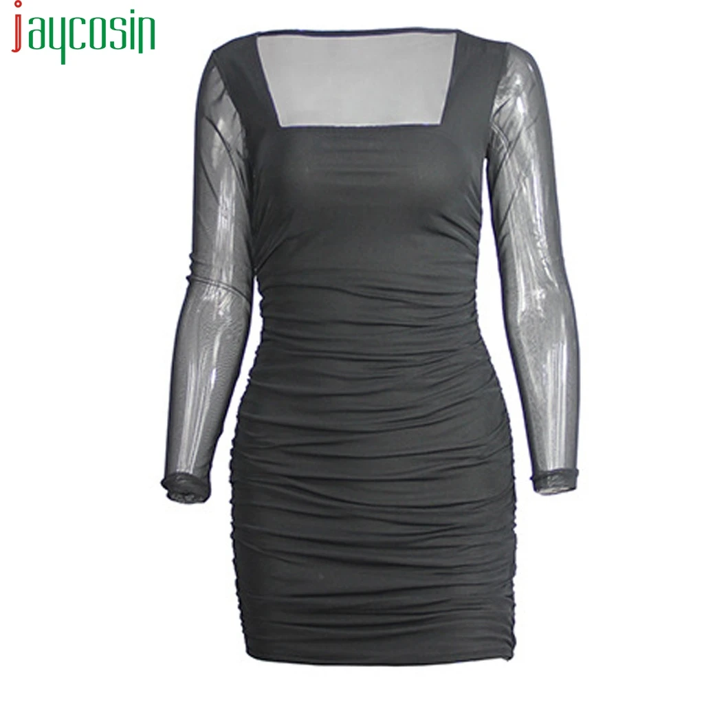 Mesh Black Transparent Dress Women Long Sleeve Casual Mini Nightclub Pleated Ladies Tops Plus Size Fashion Summer Beach | Женская одежда