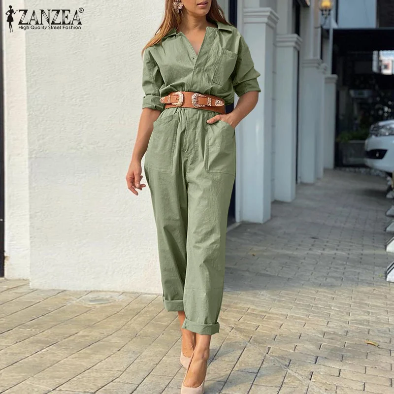 

ZANZEA Women's Jumpsuits 2021 Ovesized Spring Long Sleeve Elastic Waist Overalls Casual Fashion Solid Loose Pockets Lapel Romper