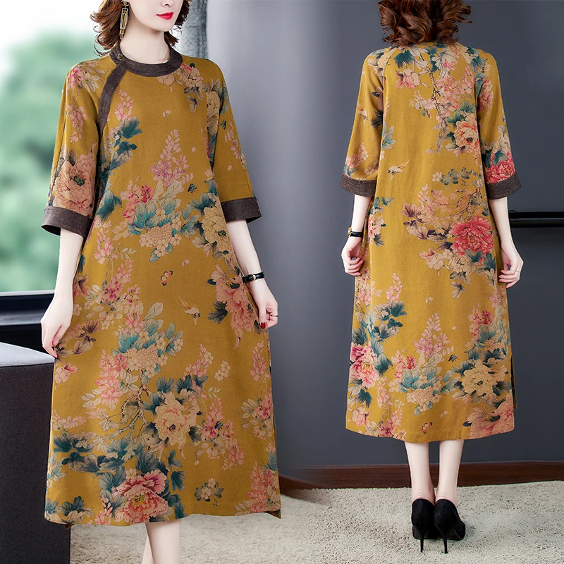 

2021 Autumn Floral Mulberry Silk Midi Dresses Korean Vintage 4XL Plus Size Long Sleeve Women Dress Classy Bodycon Party Vestidos
