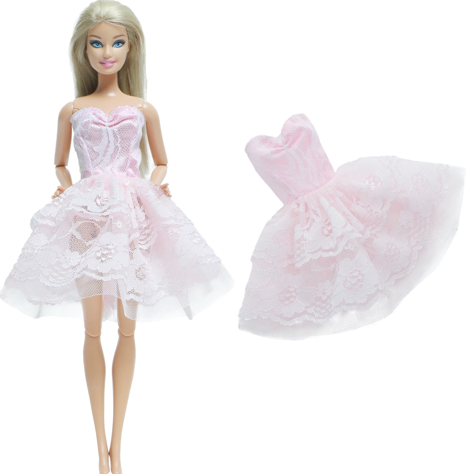 BJDBUS One Pcs Pink Dress Wedding Party Gown Mini Lace Strapless Skirt Lovely Clothes for Barbie Doll Accessories Baby DIY Toys | Игрушки и