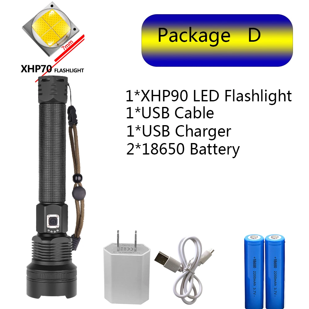 Package D Самый мощный светодиодный светильник XHP70 с подзарядкой от USB, фонарь с зумом XHP50, ручная лампа 26650, 18650, светильник с батареей - Испускаемый цвет: Package D