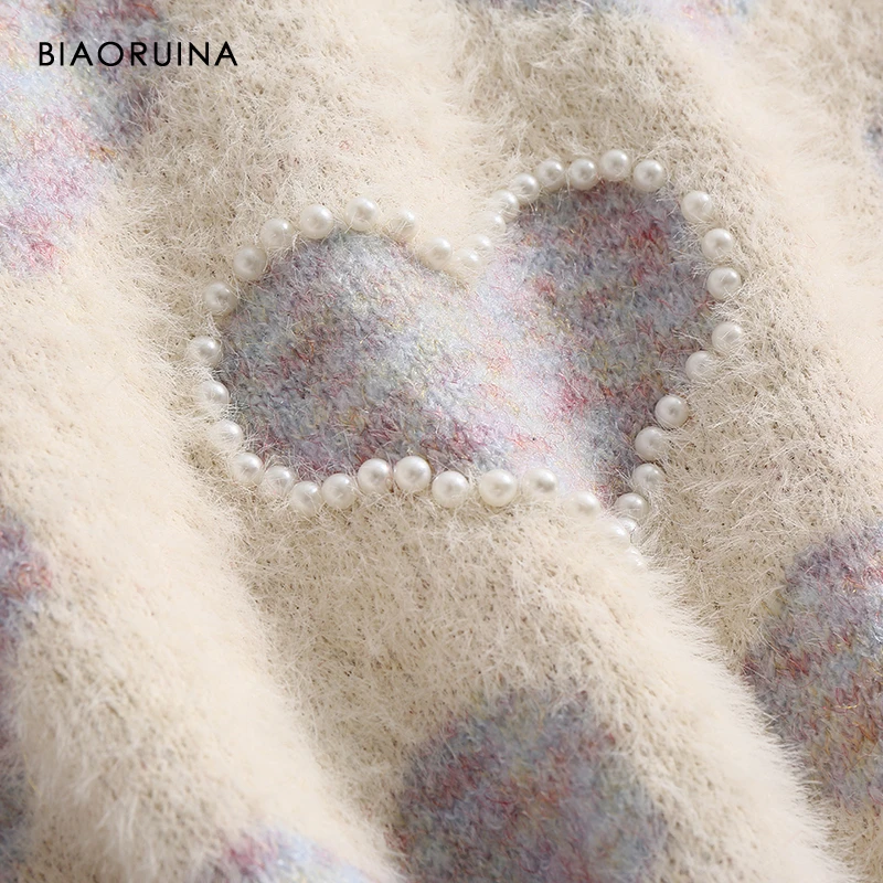 BIAORUINA Women's Heart Jacquard Beading Fluffy Thick Warm Knit Pullover O-neck Female Oversized Sweet Winter Sweater One Size | Женская