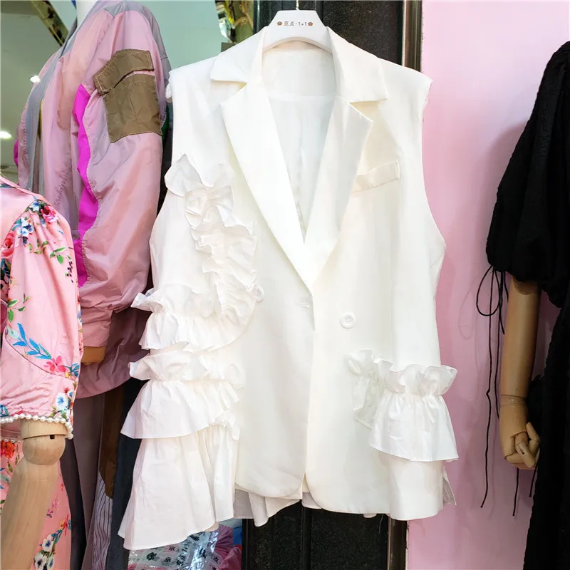 

White Vest Coat Women 2021 Spring Summer New Patchwork Ruffled Fashion Casual Solid Color Suit Waistcoat Lady All-Match Wear