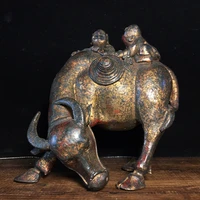 chinese temple collection old bronze lacquer cinnabar zodiac bull statue shepherd boy herding cattle office ornaments town house