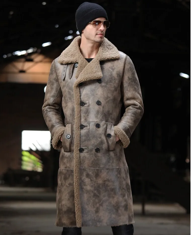 Jungle brown Шуба из натуральной овчины мужской двубортный длинный натуральная кожа одежда зима натуральный мех пальто большой размер 5XL 6XL 7XL - Цвет: Jungle brown
