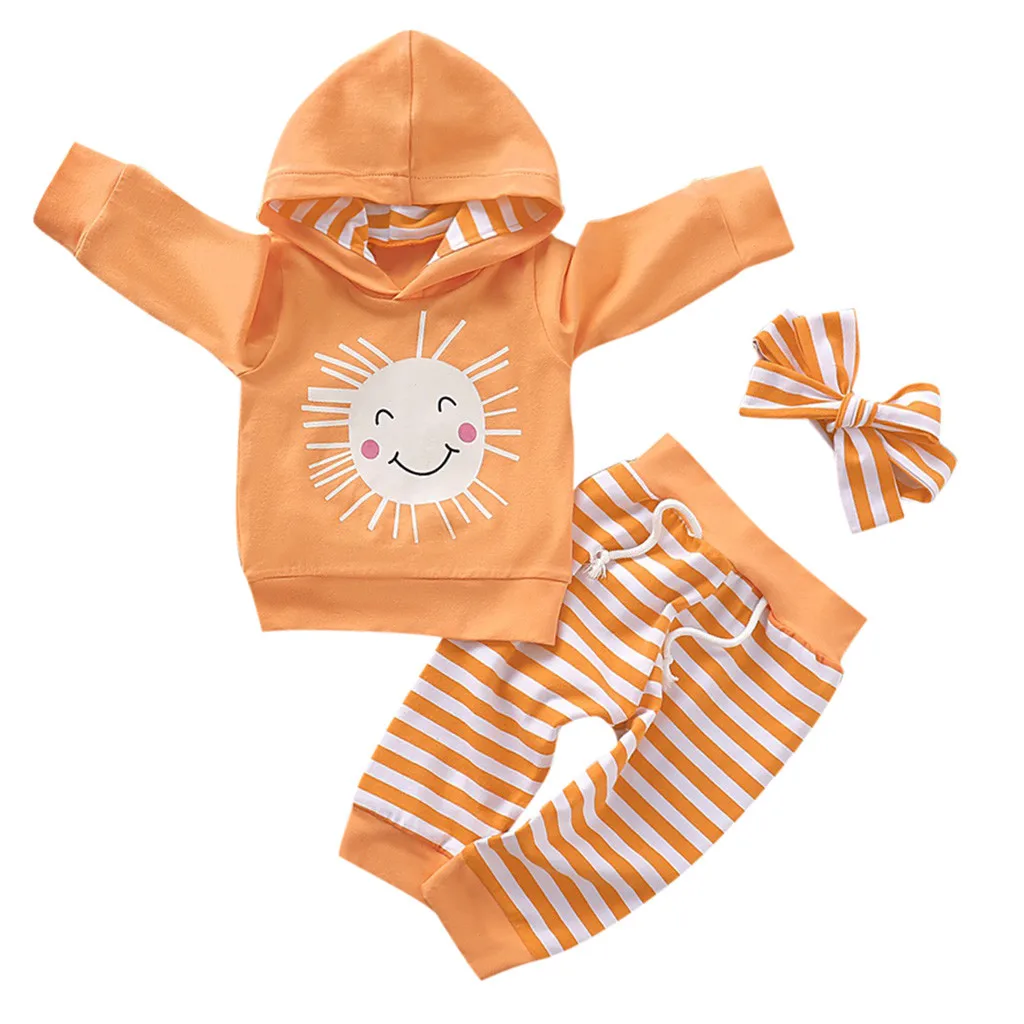 Топ с капюшоном для малышей Штаны в полоску Повязка на голову Комплект одежды