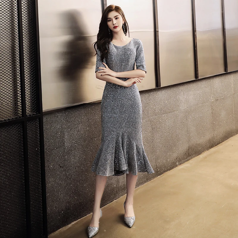 Prom Dresses GK152 Elegant O-neck Half Sleeve Mermaid Dress Gray Shining Sequined Vestido De Fiesta Tea Length Formal Gowns | Свадьбы и