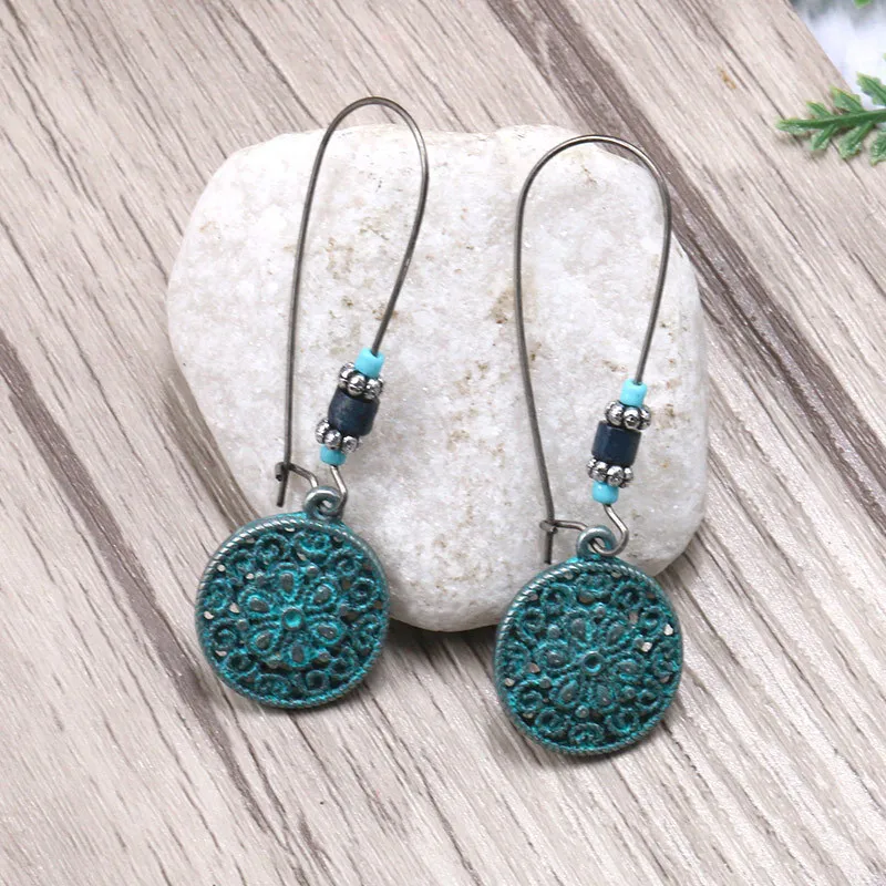 

New Fashion Retro Earring Green Personality Hollow Pattern Flower Alloy Big Ear Hook Earrings Popular Alloy Accessories