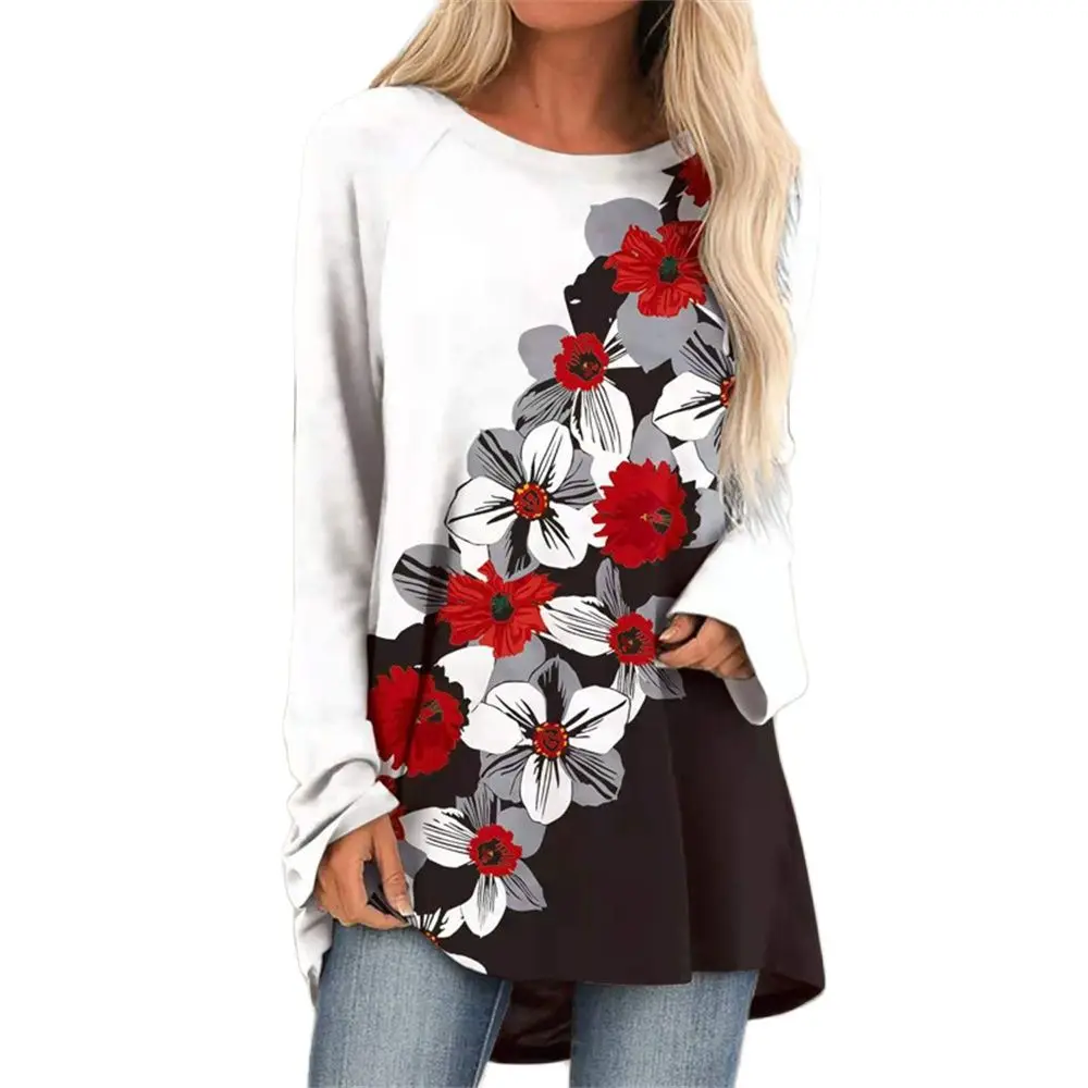 

2021 Women Spring Autumn Fashion Floral Printed Long Sleeve O Neck T-Shirt Casual Loose Street Ladies Pullover Plus Size 5XL Top