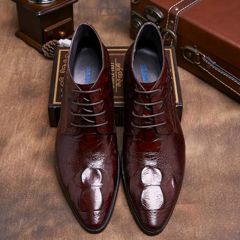 

Men Winter Boots Genuine Cow Leather Crocodile Pattern Chelsea Boots Brogue Ankle Comfortable Quality Lace Up Dress Boots B102