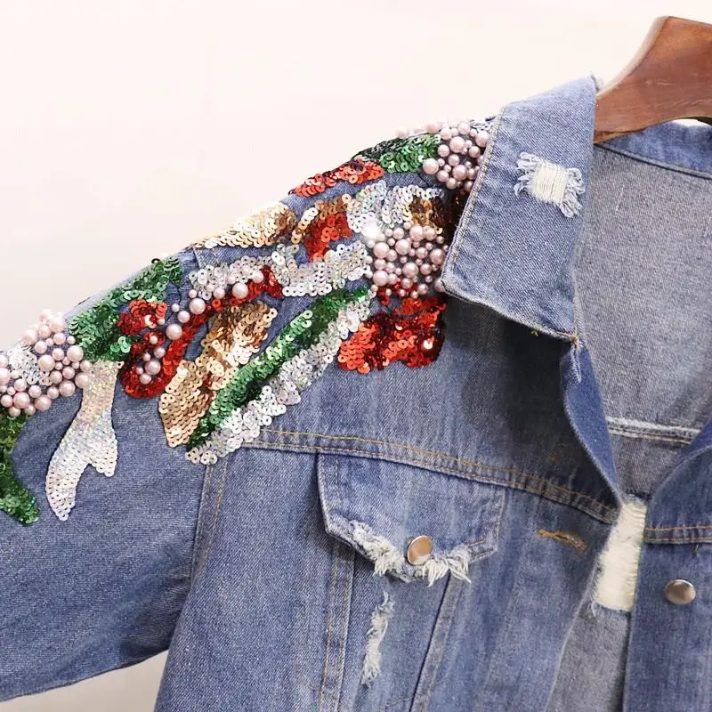 Korean Beading Sequin Denim Jacket Coat Women Outwear Spring Autumn Jeans Loose Basic Vintage Jackets | Женская одежда