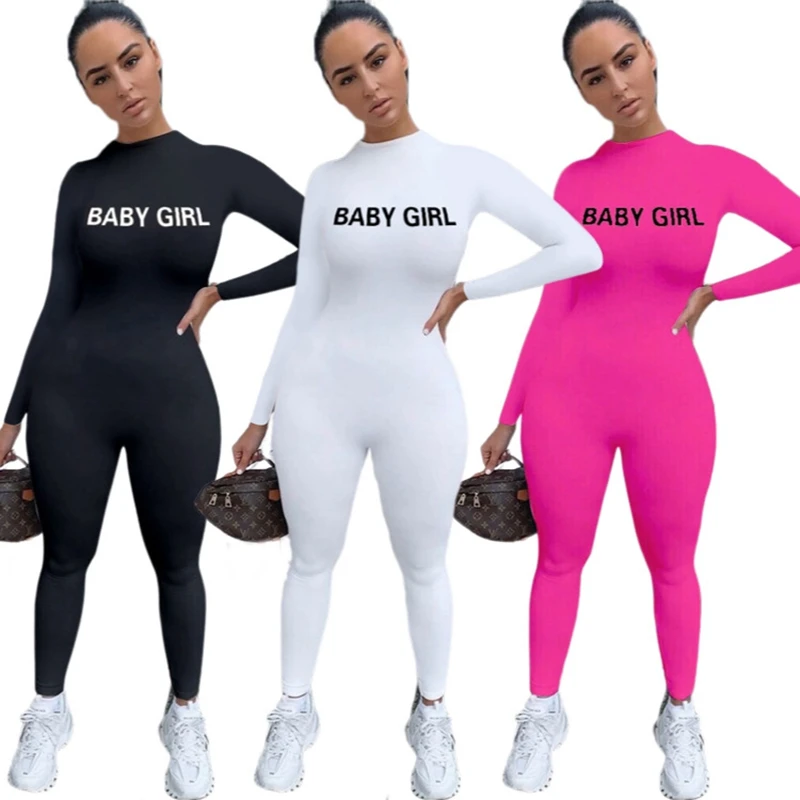 

Letter Print Casual Sporty Overalls Women Sexy Long Sleeve Skinny Jumpsuit Romper White Black Pink Body Suits Streetwear