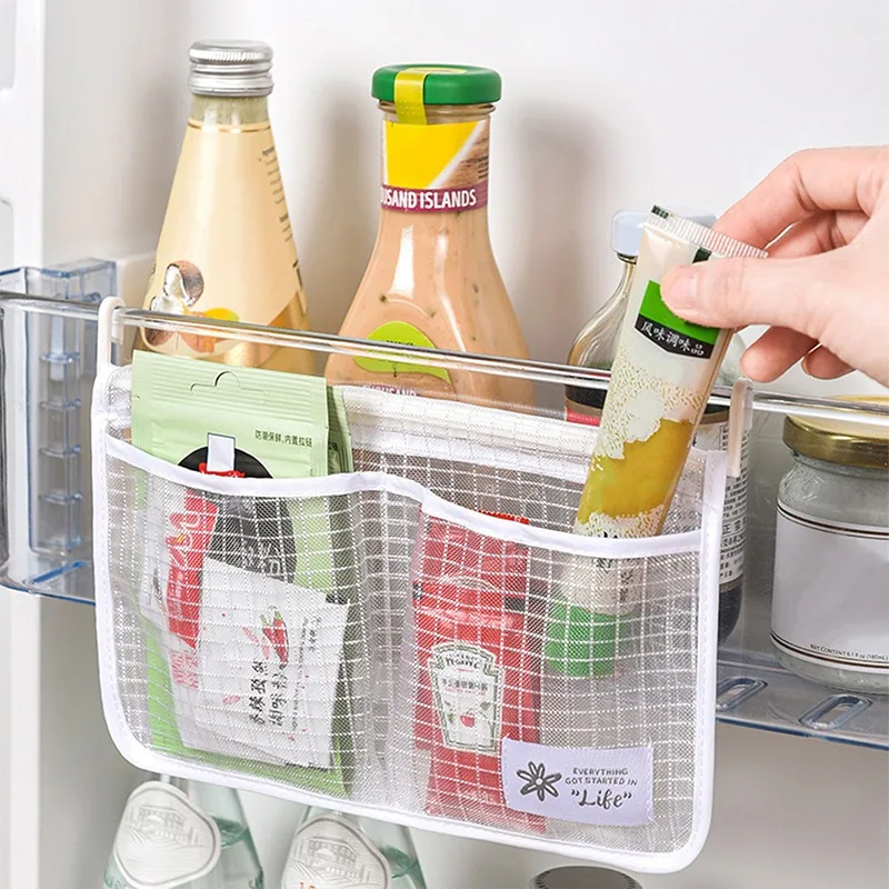 

1pc Refrigerator Kitchen Storage Mesh Bag Hanging Portable Seasoning Food Snacks Net Bag Double Compartment Fruits Storage Bags