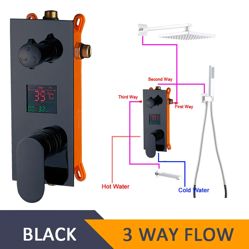 Black 3 Way ULGKSD смеситель для душа для ванной комнаты 2/3 выходов Отображение температуры воды настенный смеситель для душа клапаны - Цвет: Black 3 Way