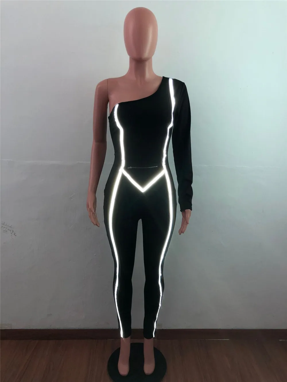 Женский Облегающий комбинезон на одно плечо однотонный светоотражающий в