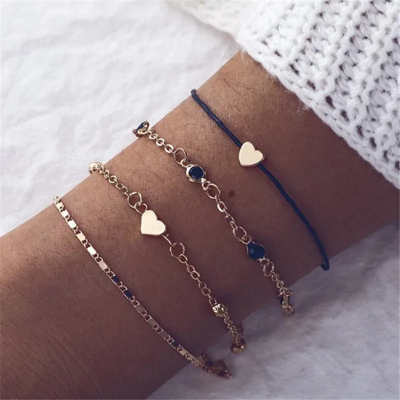 

Fashion 4Pcs/Set Charming Women's Chain Bracelet Adjustable Heart Round Bead Pendant Bracelet Ladies' Party Jewelry