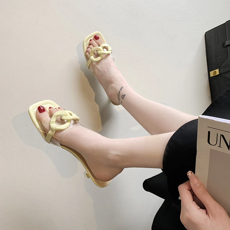 

Low Heel Slippers Women Transparent PVC Open Toe Slippers Women Shoes Summer Concise Stiletto Heel Slides Zapatos Mujer
