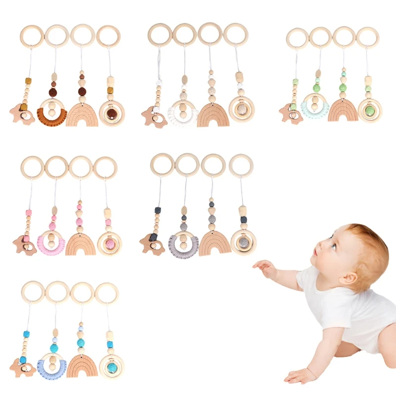 

4 Pcs/Set Baby Play Gym Frame Stroller Hanging Pendant Wooden Ring Teether Molar