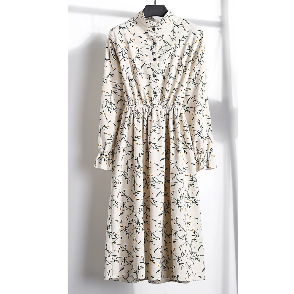 Осеннее женское платье с длинным рукавом и круглым вырезом Бандажное принтом