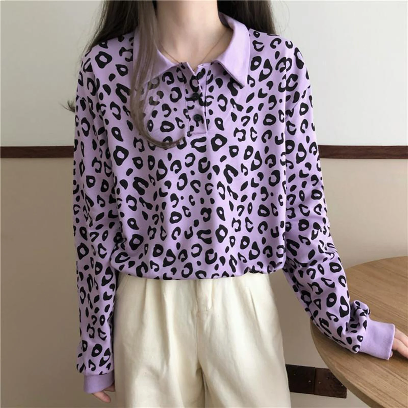 

Autumn Women Long Sleeve Turn Down Collar Leopard Print Sweatshirt Button Blouse