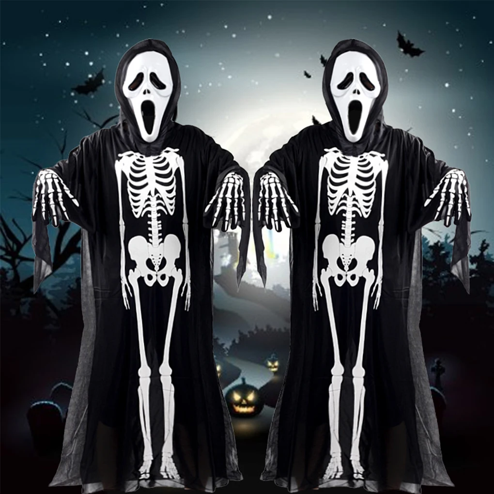 

3PCS Skull Cloak Set Halloween Costume Party Coat Scary Cosplay Black Polyester Robe for Children Adults Face Shield Gloves
