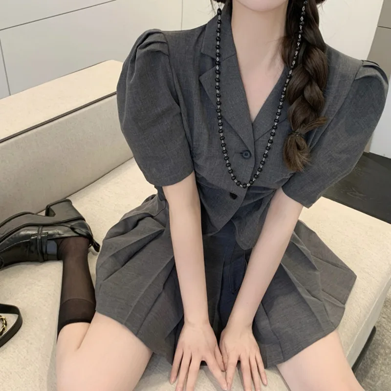 

Korean Sweet Two Piece Set Women Puff Sleeve Shirt Blouse + Pleated Shirt Suits Fashion Streetwear Crop Top Skirt 2 Piece Suits