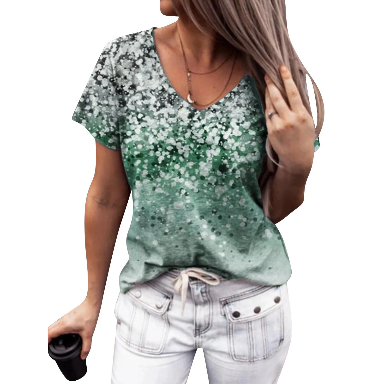 Gradient Flower Print T-Shirt Harajuku Womens V-Neck Short Sleeves Top Summer Casual Loose T-shirt Tops ropa mujer verano | Женская