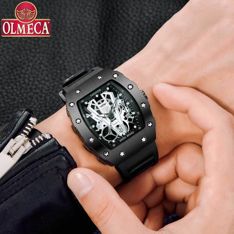 OLMECA спортивные мужские часы со скелетом, мужские часы, Топ бренд, роскошные мужские наручные часы, черные кварцевые часы, мужские часы, мужские часы