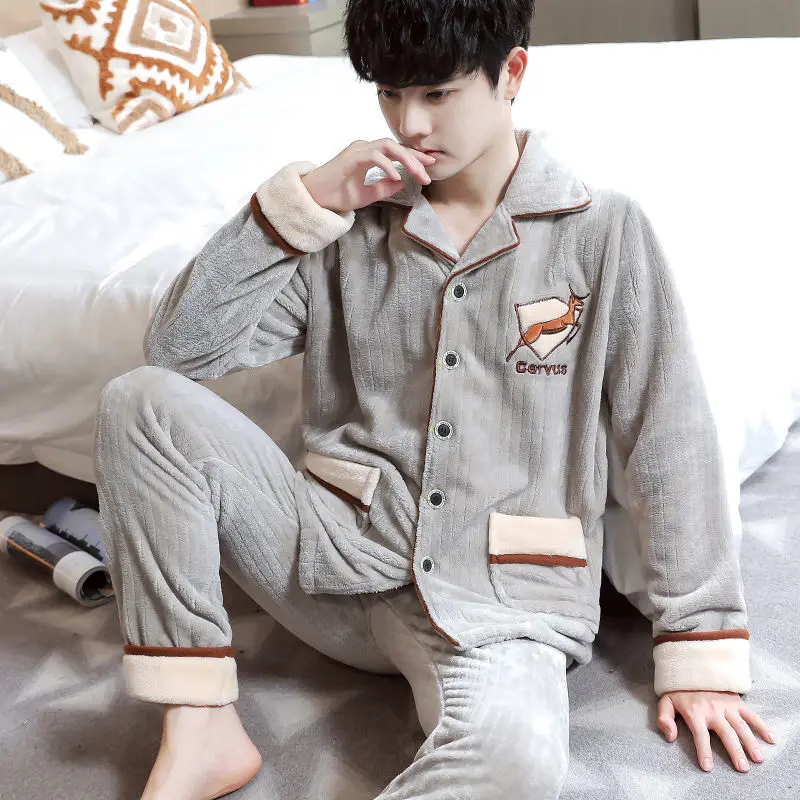 

Warm Pajamas Suit Nightgown Men Nightwear Home Wear Coral Fleece Pijamas Sleep Set Casual Sleepwear Winter 2PCS Tops&Pants