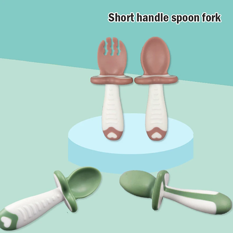 

New Baby Training Soft Head Spoon and Fork Short Handle Kids Spoon Fork Set