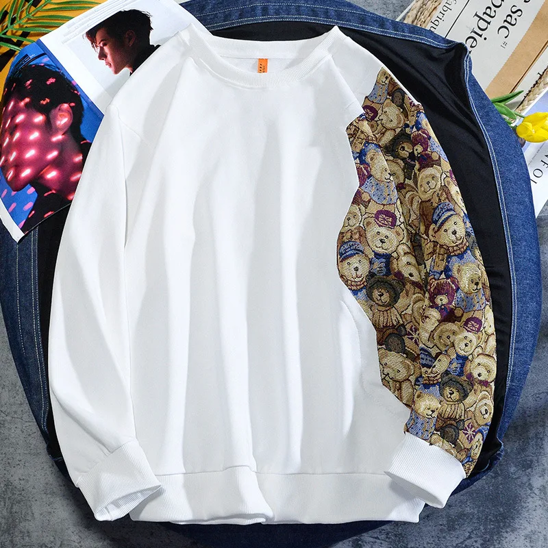 

QIWN 2021 Fall New Sweatshirt Bear Embroidered Long Sleeve Top Loose Sweatshirt Hoodies Men Crewneck Sweatshirt