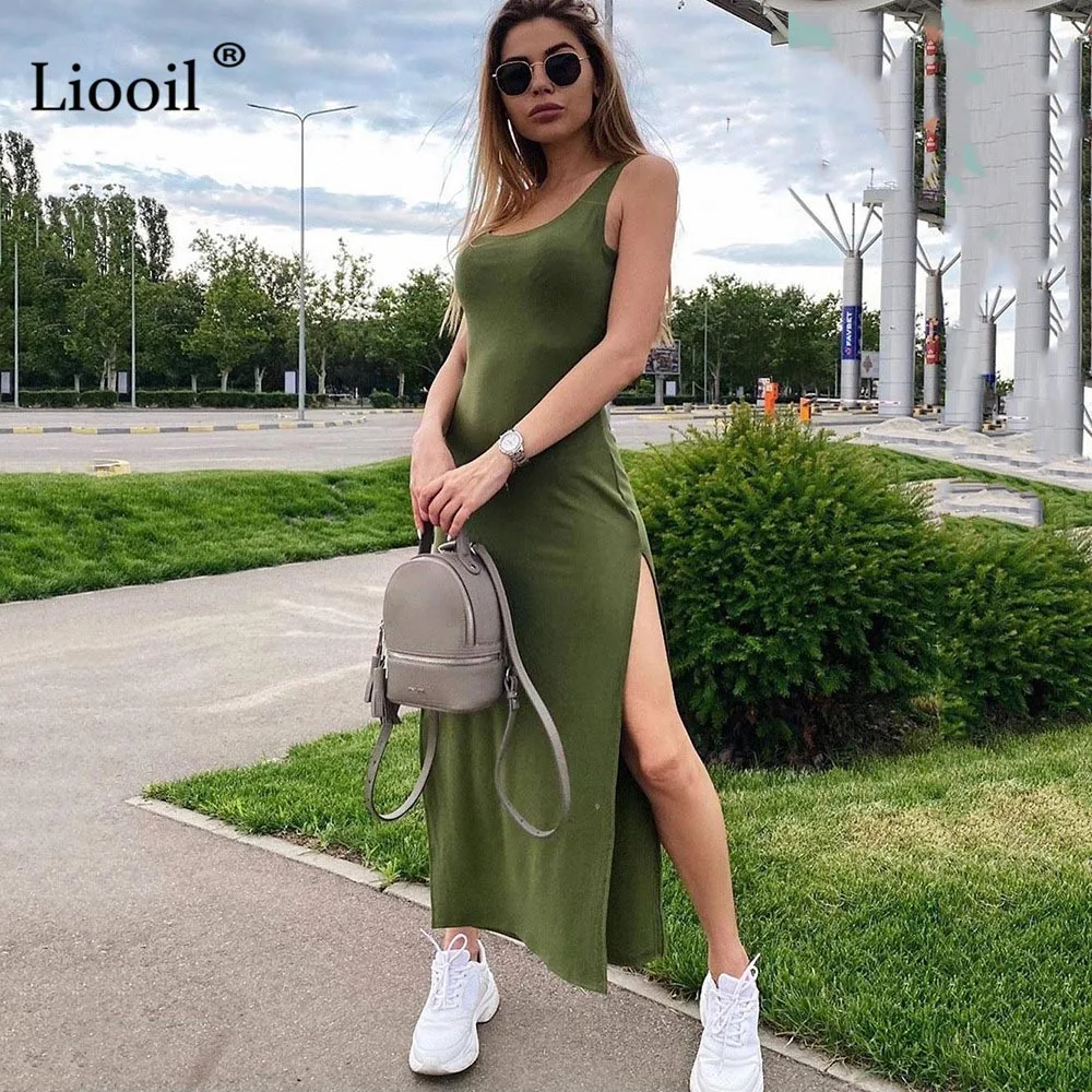 

Sexy Bodycon Slit Midi Women's 95% Cotton T-shirt Dress Green Black Streetwear Basic Casual Sundress Tank Dresses 2022 Spring