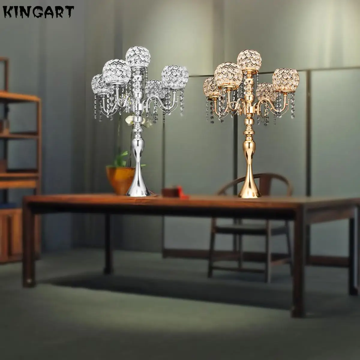 Золотистый/серебристый фотоподсвечник металлический Кристальный центральный