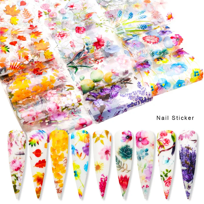 10 шт./компл. переводная Фольга для ногтей s наклейки цветы розовый кленовый лист
