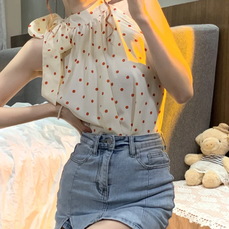 Рубашка в горошек женский дизайн летняя Новинка 2021 милая и острая девушка топ без