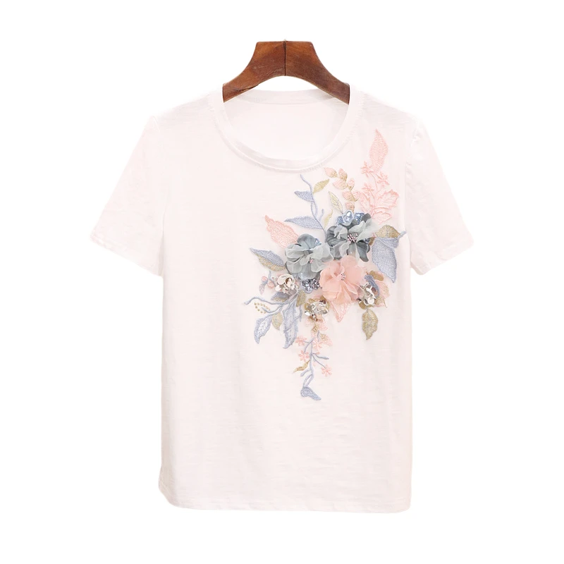 2021 летние новые женские футболки с вышитыми цветами и блестками Универсальные
