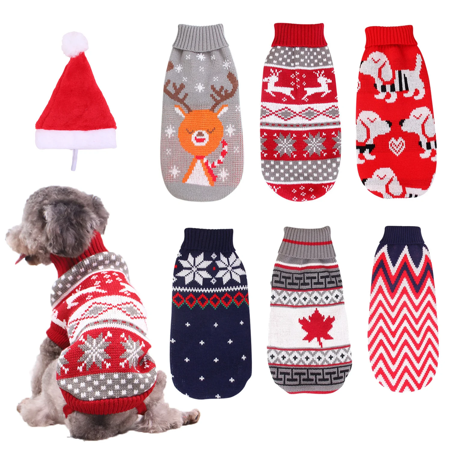 

Christmas Reindeer maple leaf snowflake pet clothes high neck knitted sweater dog cat clothes winter coat