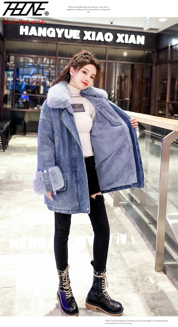 

THHONE Autumn Winter Women Denim Jacket Thick Fleece Faux Fur Collar Casual Denim Coat Padded Jacket Warm Overcoat Women Tops